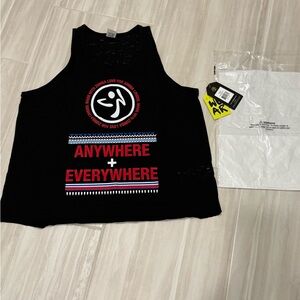NWT Zumba Wear Black Graphic Tank Top with Red and White Accents